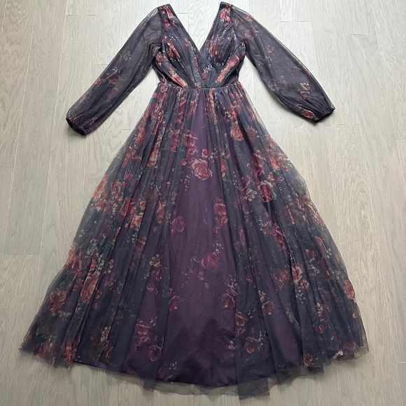 Marchesa Notte Floral Print Sheer Panel Gown SALERNO Sz 0 Purple Bridesmaid Plum - Picture 2 of 10